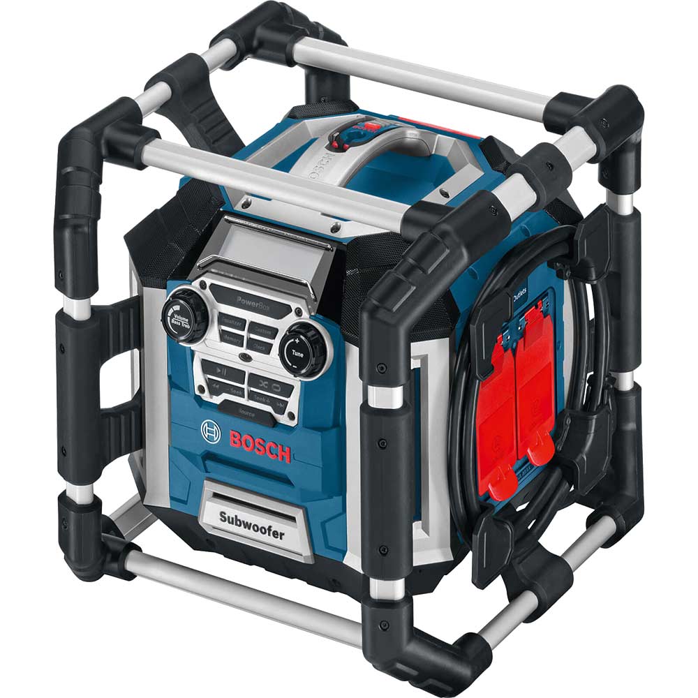 Image of Bosch POWERBOX GML 50 Radio, MP3 Speakers, Battery Charger & Powerbox with 2 x 240v Sockets Runs off 240v & 14.4 - 18v Lithium Ion Batteries