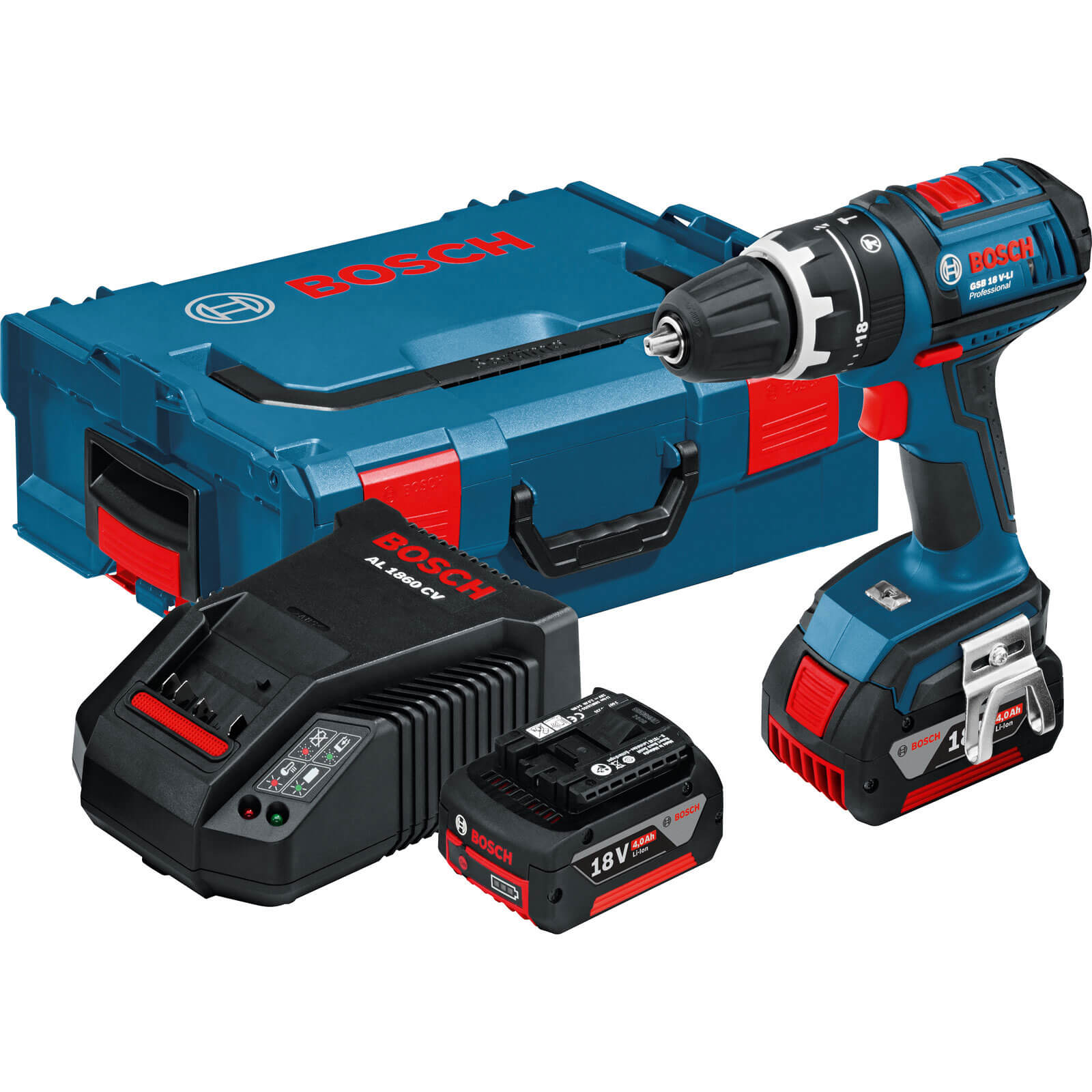 Bosch GSB 18 V-LI 18v Cordless Dynamicseries 2 Speed Combi Drill with 2 Lithium Ion Batteries 4ah + 