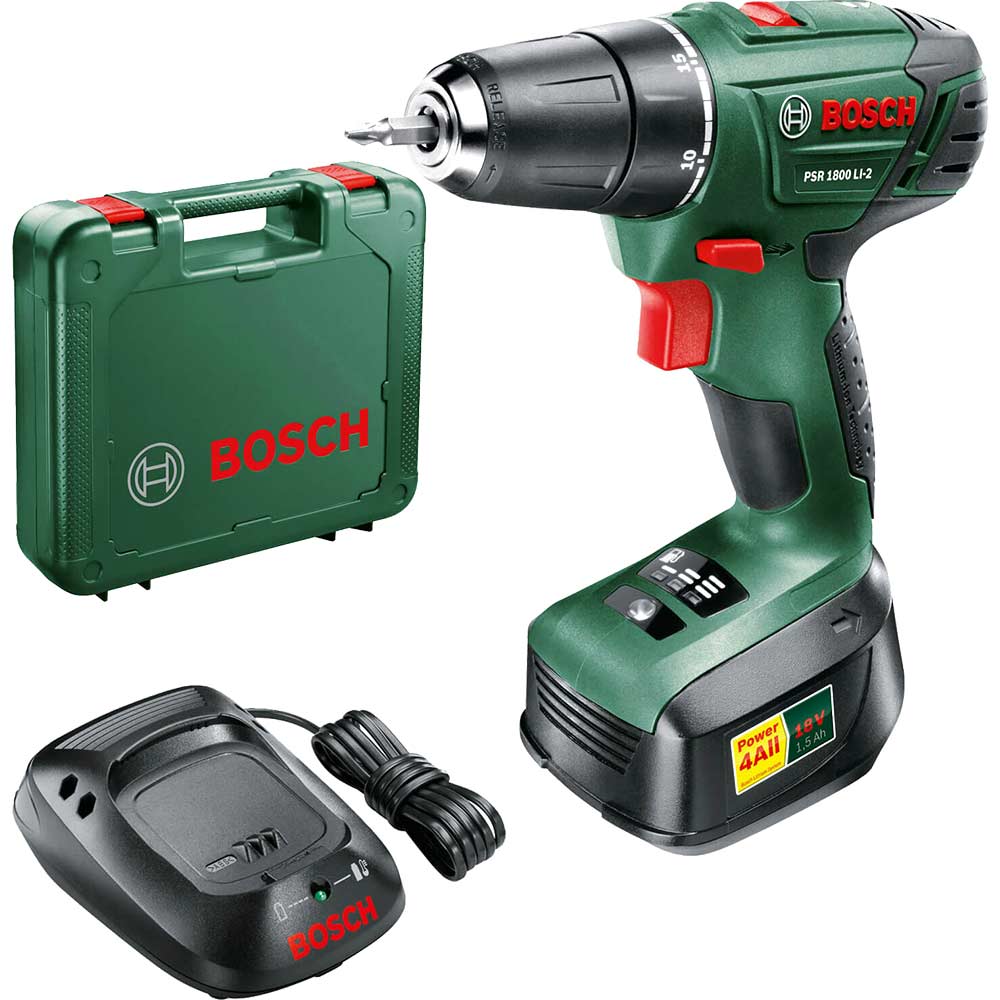 Image of Bosch POWER4ALL PSR 1800 LI-2 18v Cordless 2 Speed Drill Driver with 1 Lithium Ion Battery 1.5ah