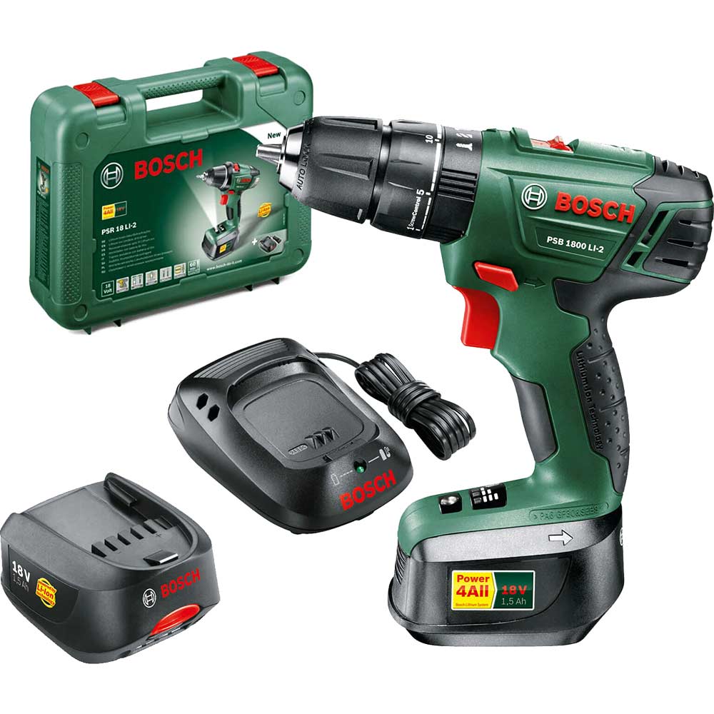 Image of Bosch POWER4ALL PSB 1800 LI-2 18v Cordless 2 Speed Combi Drill with 2 Lithium Ion Batteries 1.5ah