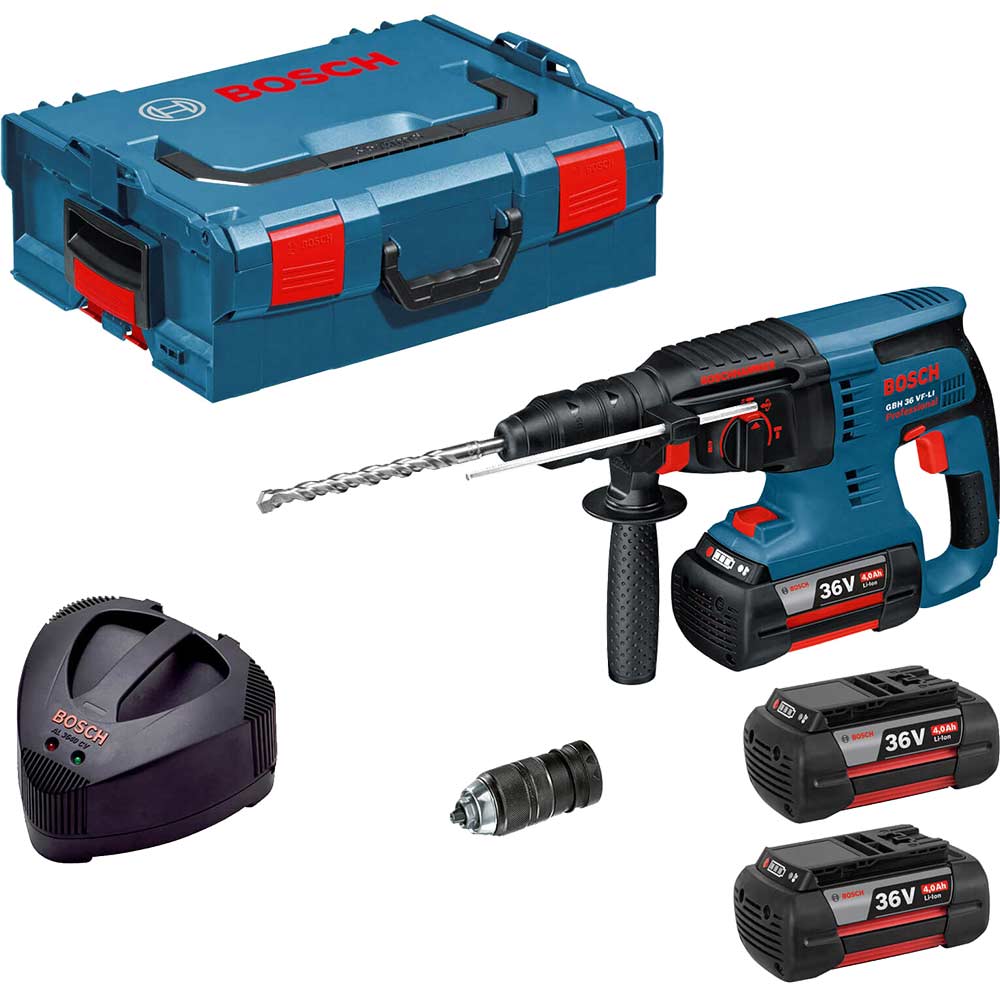 Image of Bosch GBH 36 VF-LI 36v Cordless SDS Plus Hammer Drill with Quick Change Chuck, L Boxx & 2 Lithium Ion Batteries 4ah