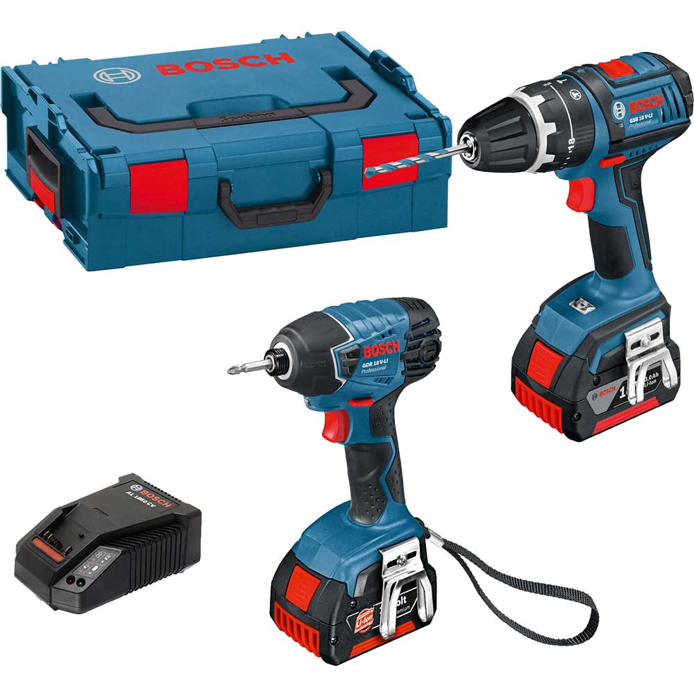 Image of Bosch GSB 18 V-LI 18v Cordless Dynamicseries Combi Drill & GDR 18 V-LI 18v Cordless Impact Drill with L Boxx & 2 Lithium Ion Batteries 4ah