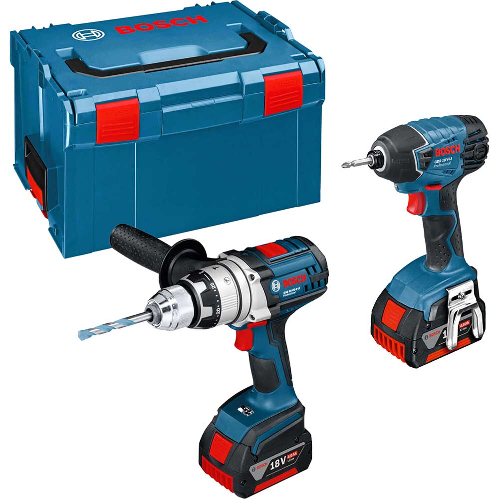Image of Bosch GSB 18 VE-2 LI 18v Cordless Robustseries Combi Drill & GDR 18 V-LI Impact Driver with L Boxx & 2 Lithium Ion Batteries 4ah
