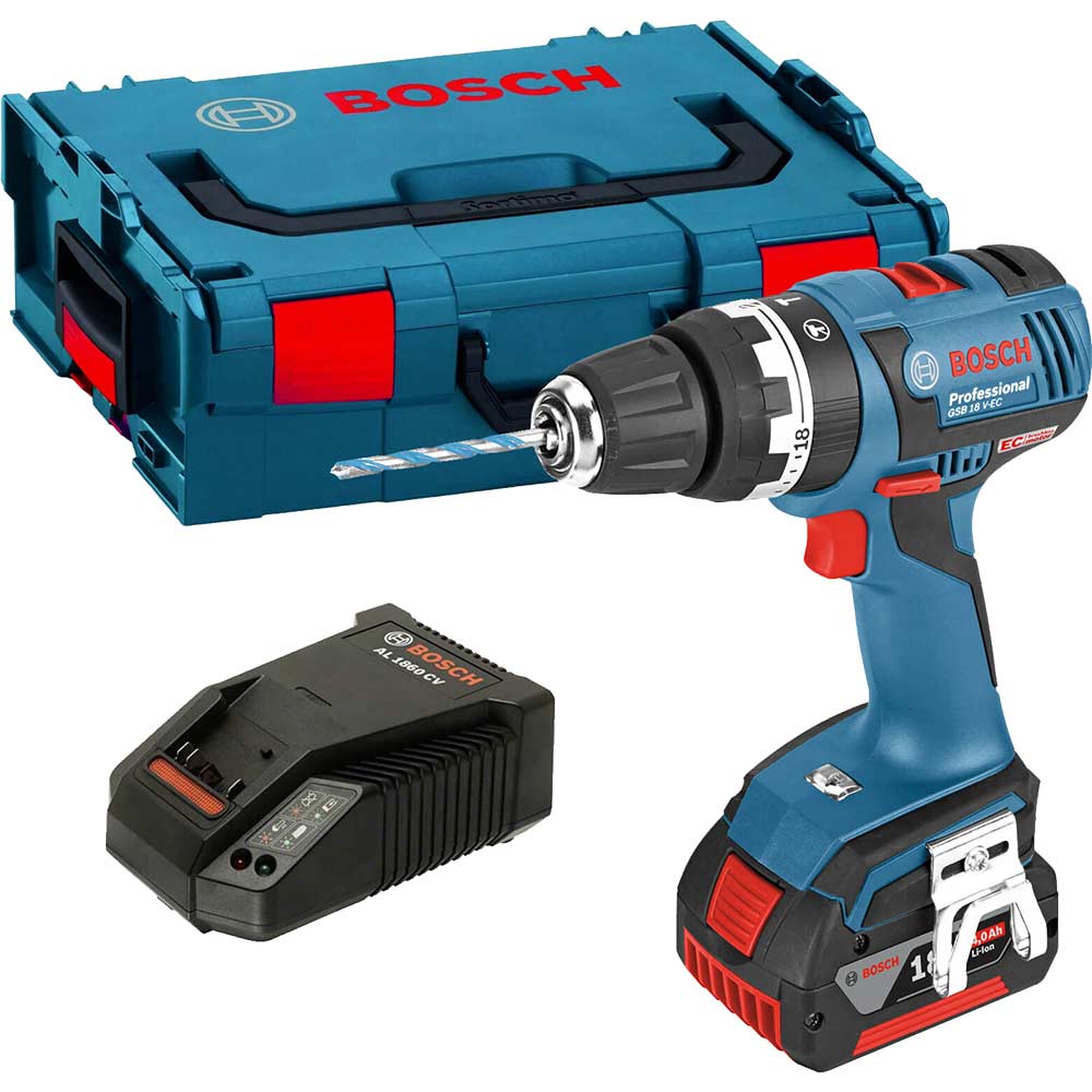 Image of Bosch GSB 18 V-EC 18v Cordless Brushless Combi Drill with 1 Lithium Ion Battery 4ah & L Boxx