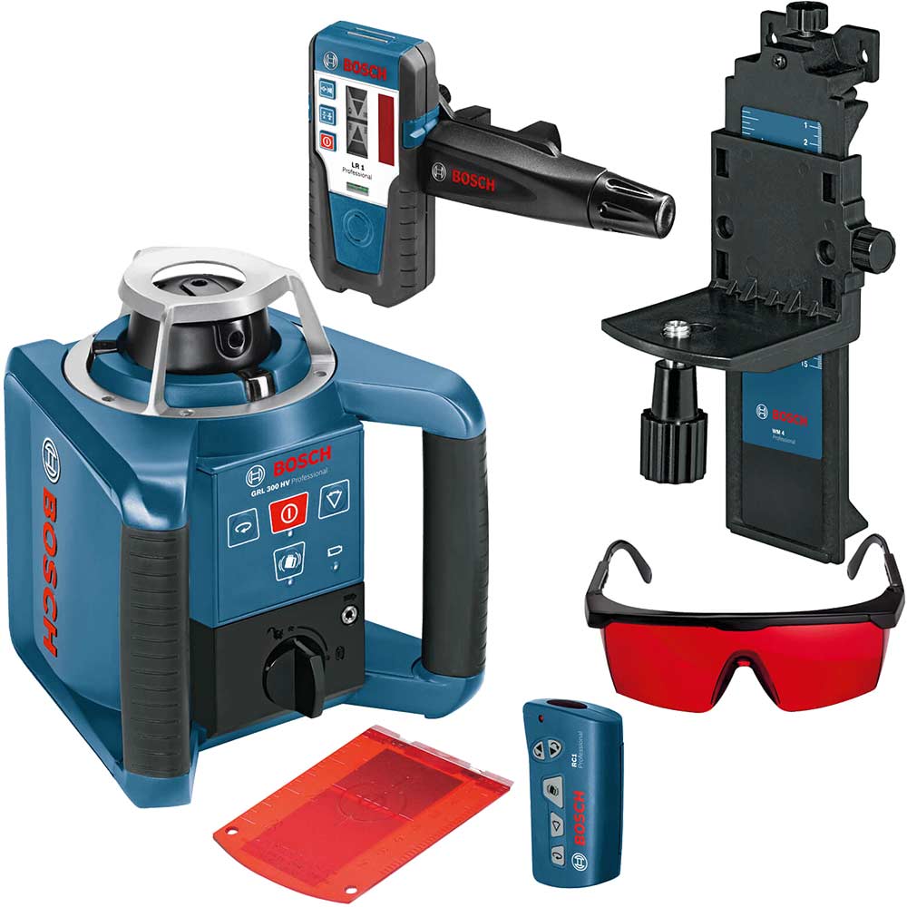 Bosch GRL 300HV Self Levelling Rotating Laser Level + LR1 Reciever + WM4 Wall Mount + RC1 Remote Con