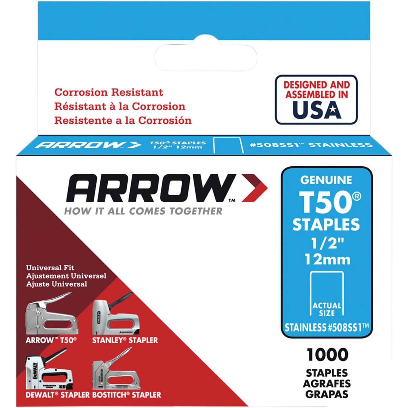 Arrow T50 6mm / 1/4" Stainless Steel Staples Pack of 1000