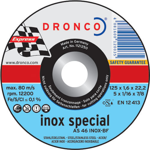 Dronco AS 46 T INOX 230mm x 1.9mm x 22.2mm Bore Angle Grinder Stainless Steel Inox Cutting Discs for