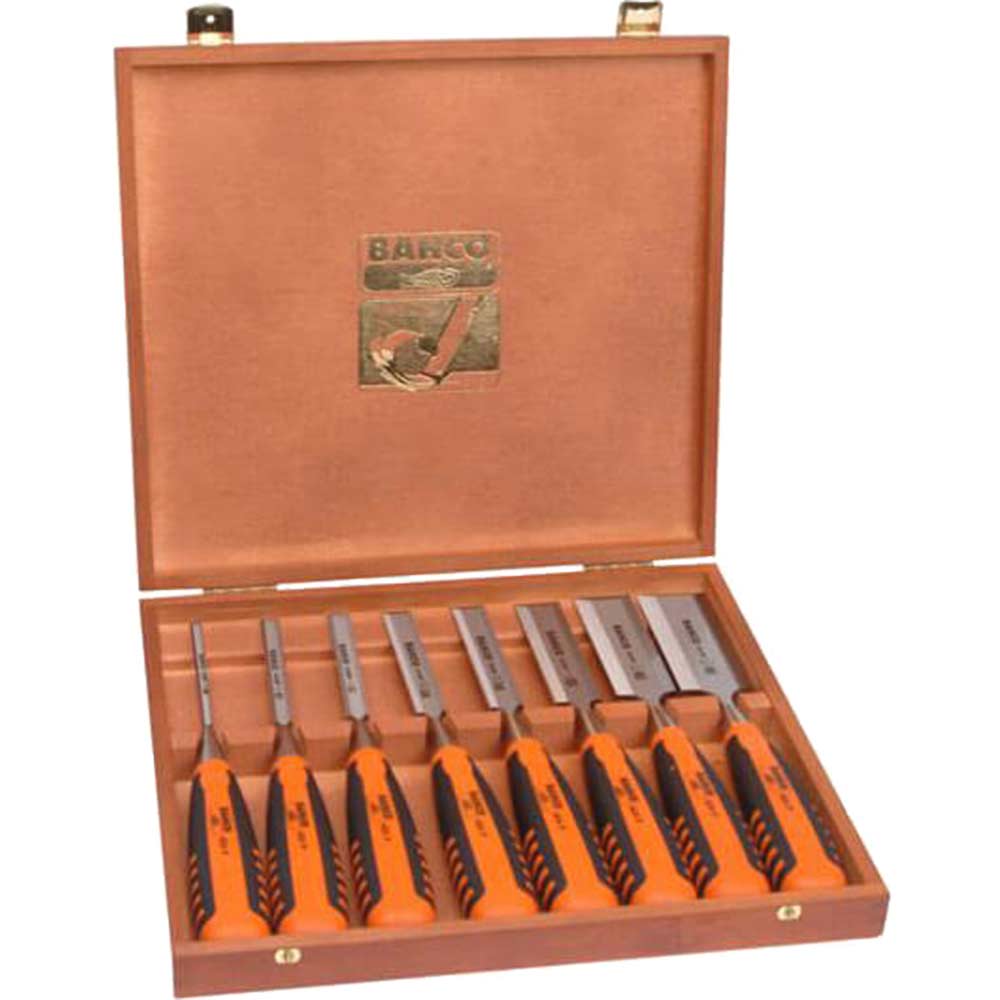 Image of Bahco 8 Piece Bevel Edge Chisel Set + Wooden Box
