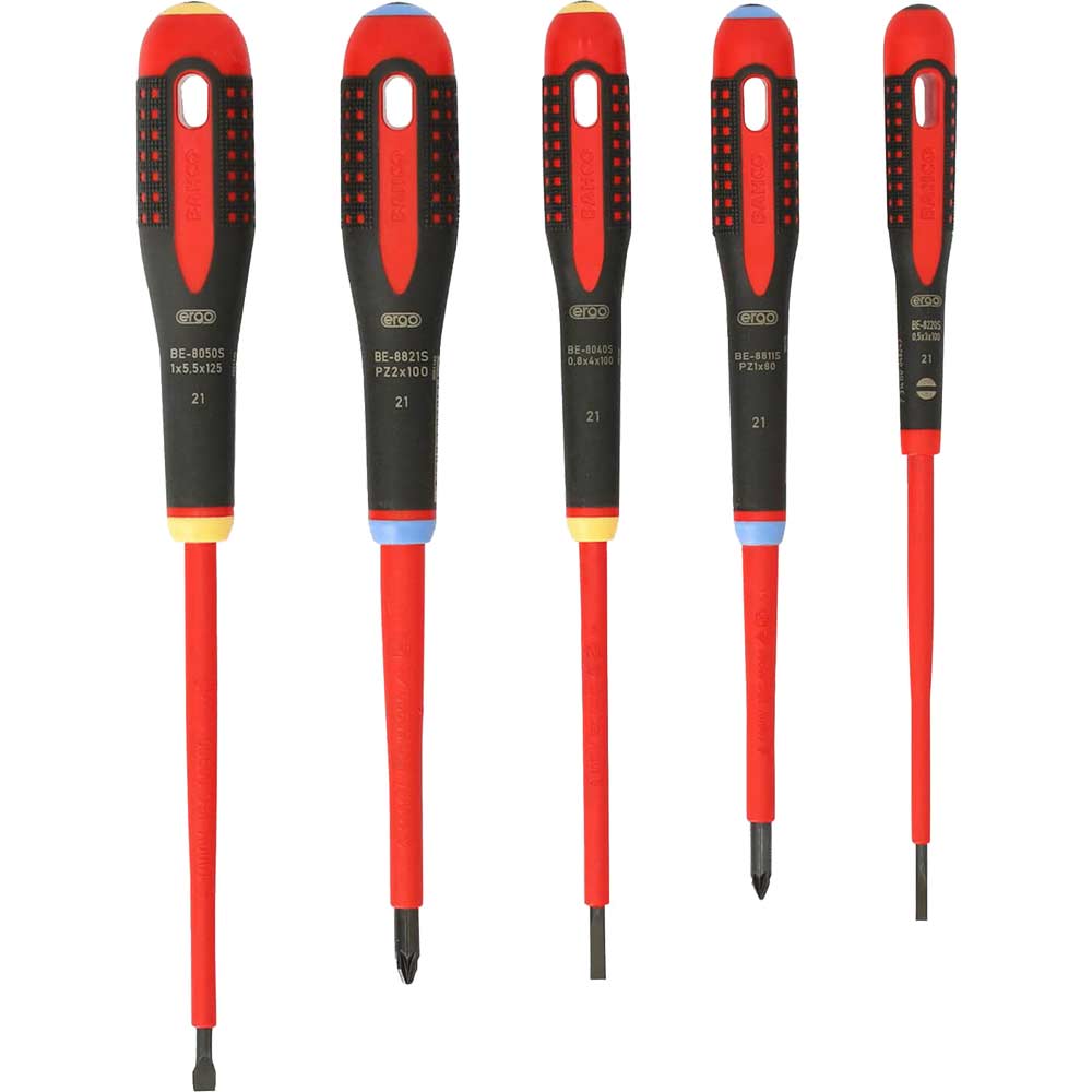 Image of Bahco 5 Piece VDE Insulated Ergo Screwdriver Set Slotted / Pozi