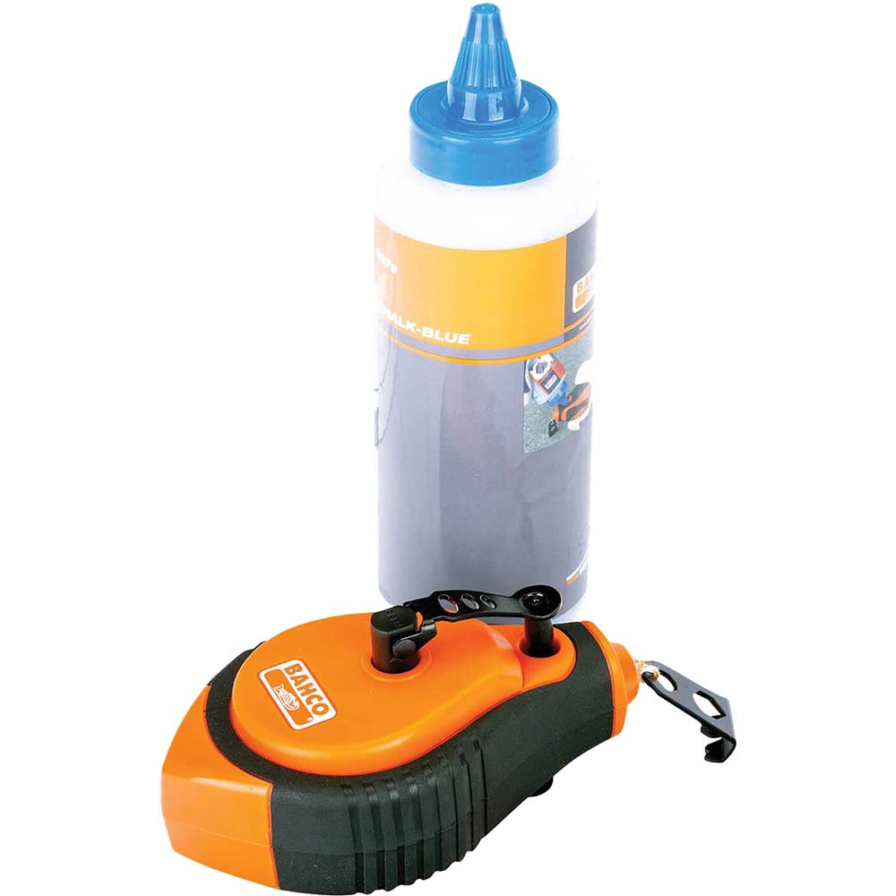 Image of Bahco Blue Chalk Line Reel 30 Metre / 30 Feet with Blue Chalk Refill & Line Level