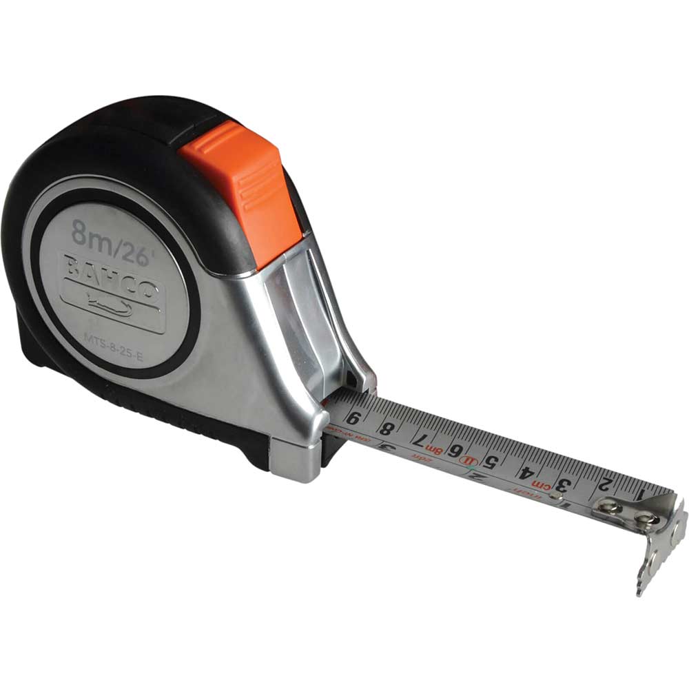 Image of Bahco Stainless Steel Blade Auto Lock 8 Metre / 26 Feet Tape Measure with Magnetic Tip