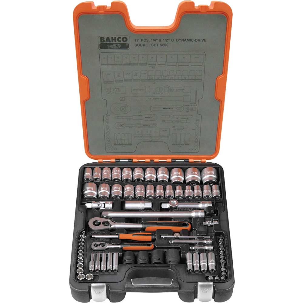 Image of Bahco 77 Piece Combination 1/4&quot; & 1/2&quot; Square Drive Socket Set Metric