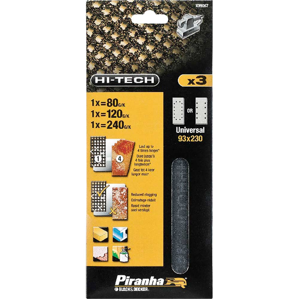 Image of Black & Decker X39052 Piranha Anti Clog 93 x 230mm 1/3 Sheet Mesh Sanding Cloth 80g Pack of 3 for all Non Velcro 1/3 Sheet Sanders