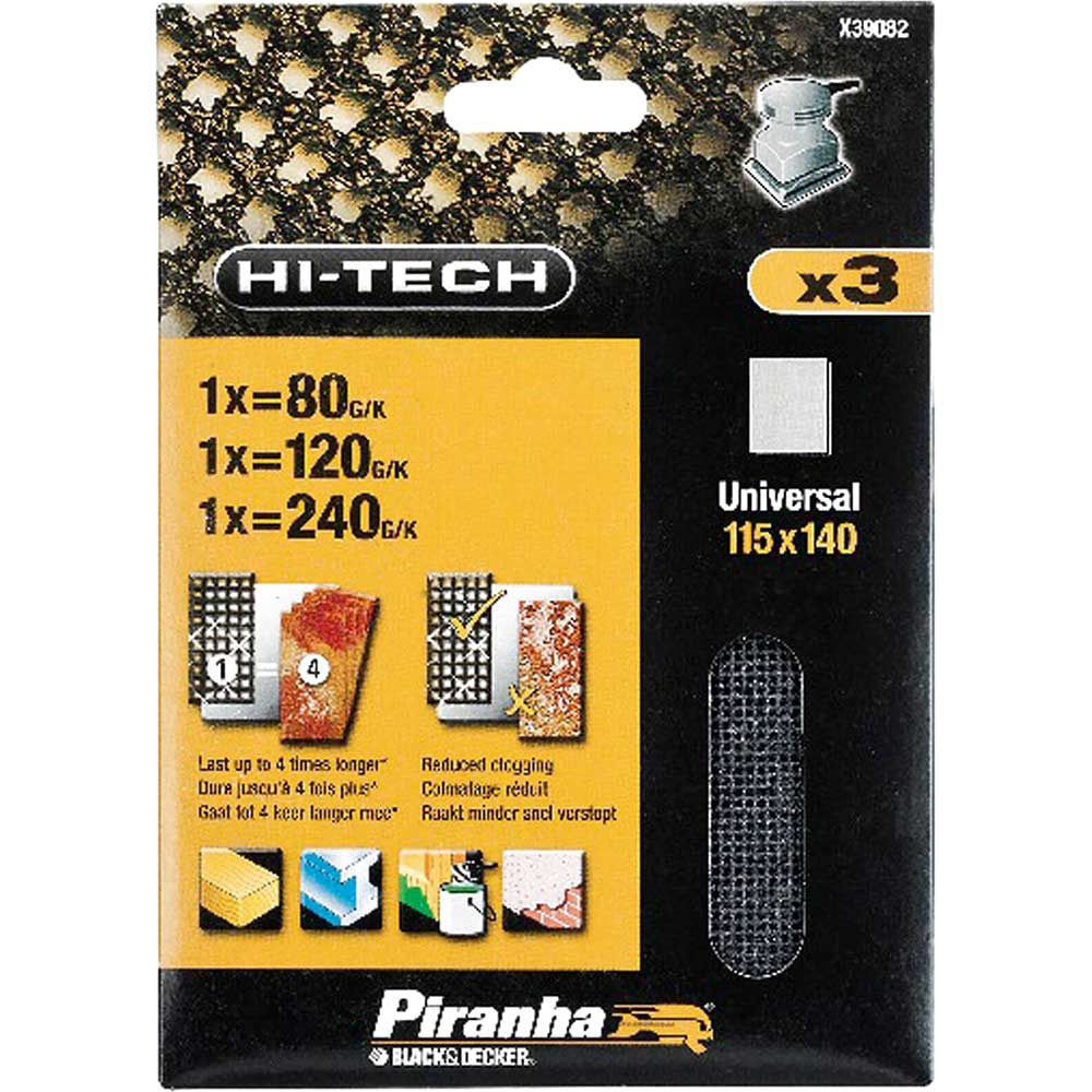 Image of Black & Decker X39082 Piranha Anti Clog 115 x 140mm 1/4 Sheet Mesh Sanding Cloth 80, 120 & 240g Pack of 3 for all Non Velcro 1/4 Sheet Sanders
