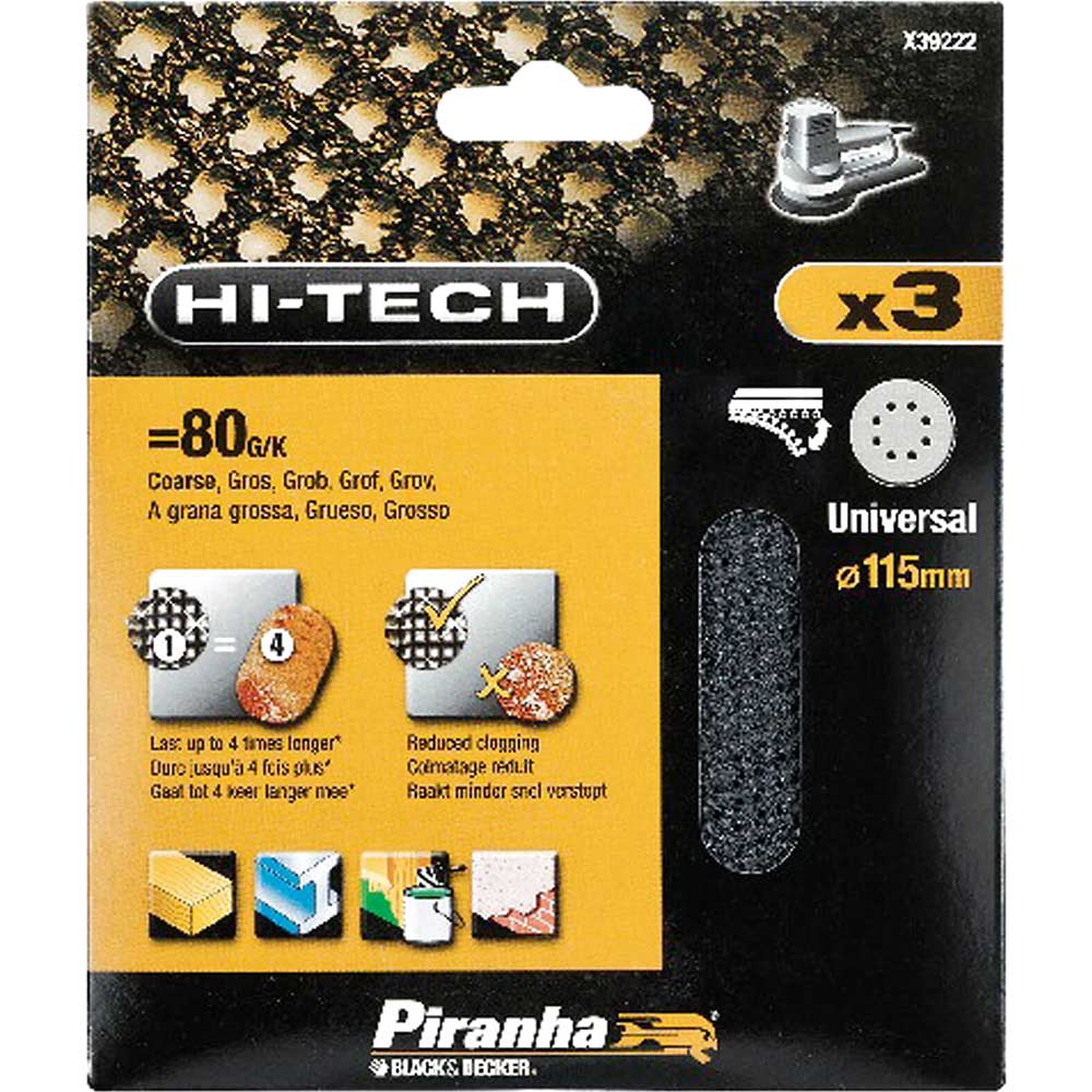 Image of Black & Decker X39222 Piranha Anti Clog 115mm Mesh Sanding Cloth 80g Pack of 3 for all Disc Sanders