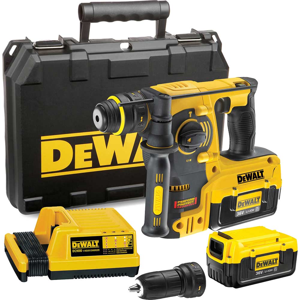 Image of Dewalt DCH364M2 36v Cordless SDS Plus Hammer Drill with 2 Lithium Ion Batteries 4ah, Quick Change Chuck & Kitbox