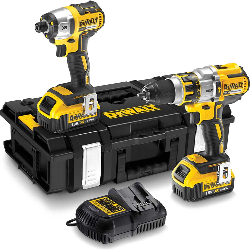 Image of DeWalt DCK255M2 18v Cordless XR Brushless Combi Drill & Impact Driver with 2 Lithium Ion Batteries 4ah