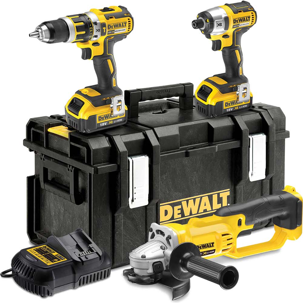 Image of DeWalt DCK382M2 18v Cordless Brushless XR Combi Drill, Impact Driver & Angle Grinder with 2 Lithium Ion Batteries 4ah