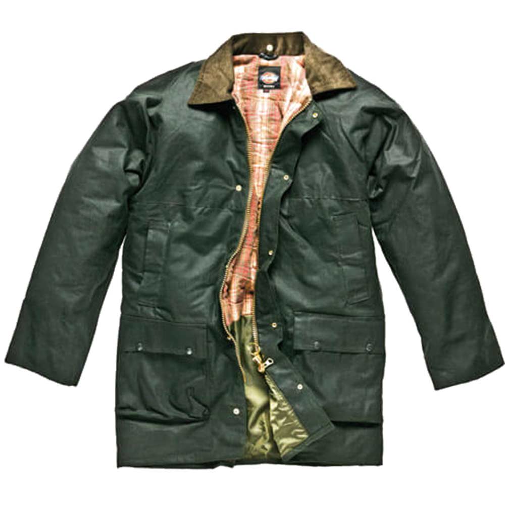 Image of Dickies Mens Weatherproof Zip Front & Stud Front Westfield Wax Jacket Bottle Green Small