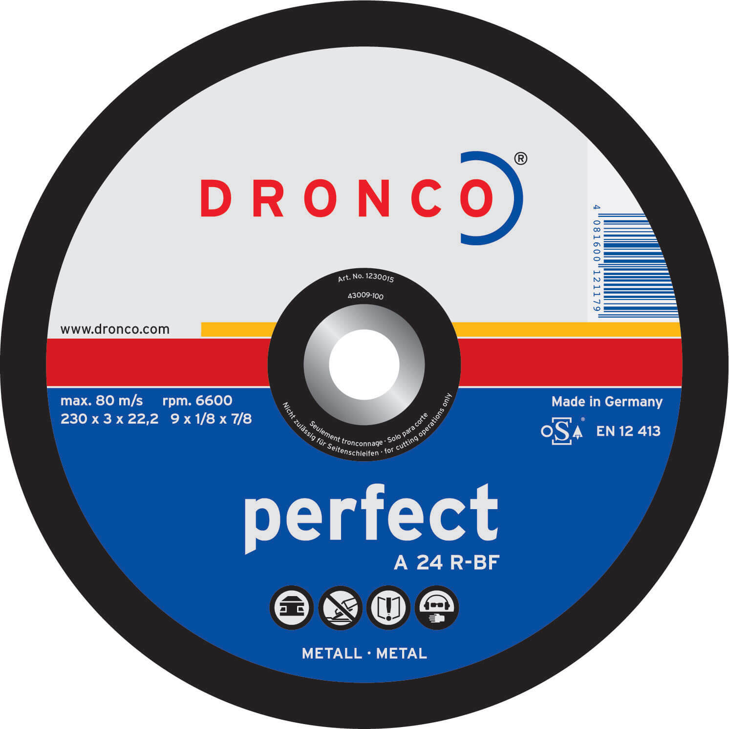 Dronco A 24 R PERFECT 115mm x 3mm x 22mm Bore Angle Grinder Flat Cutting Disc for All Metals