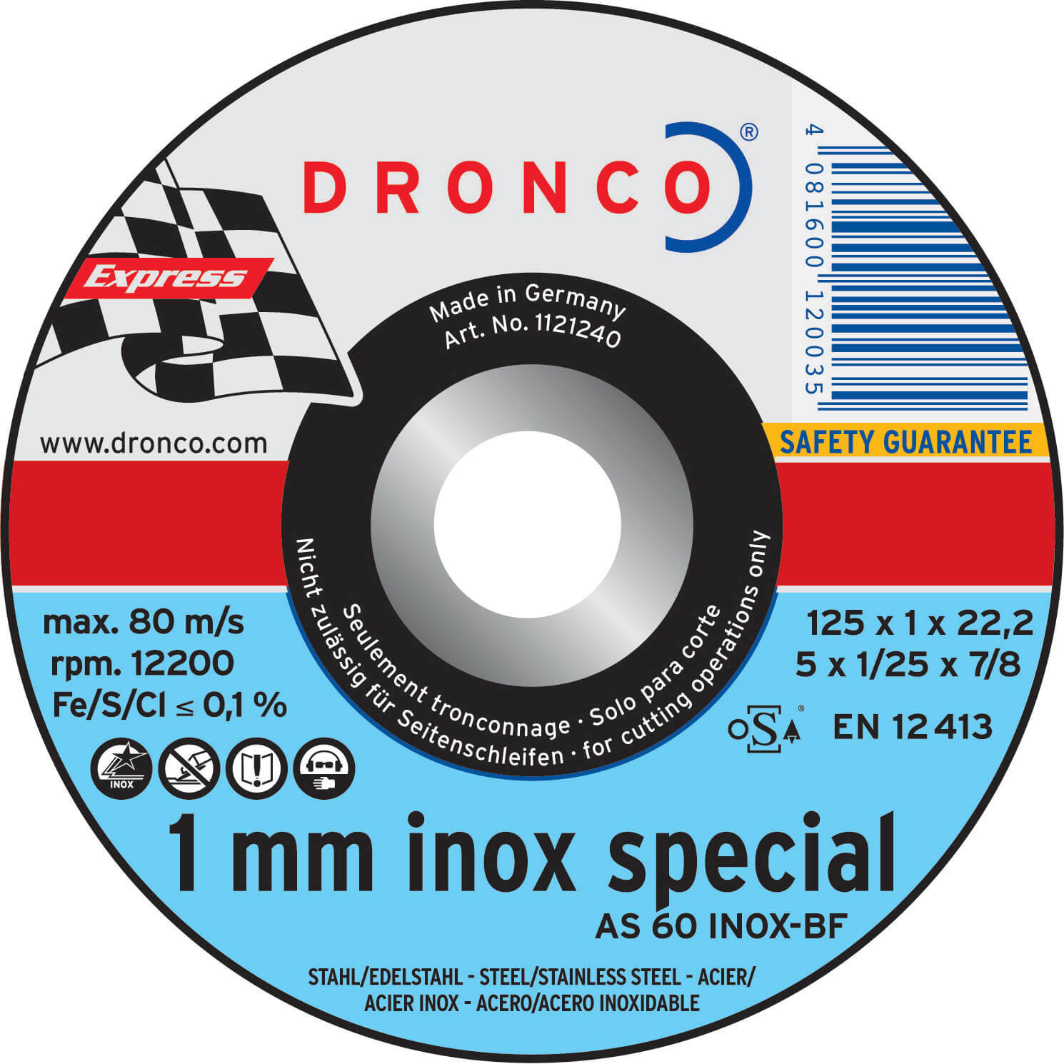 Dronco AS 60 T INOX 115mm x 1mm x 20mm Bore Grinder Inox Cutting Discs for Sheet Metal & Pipes Pack 