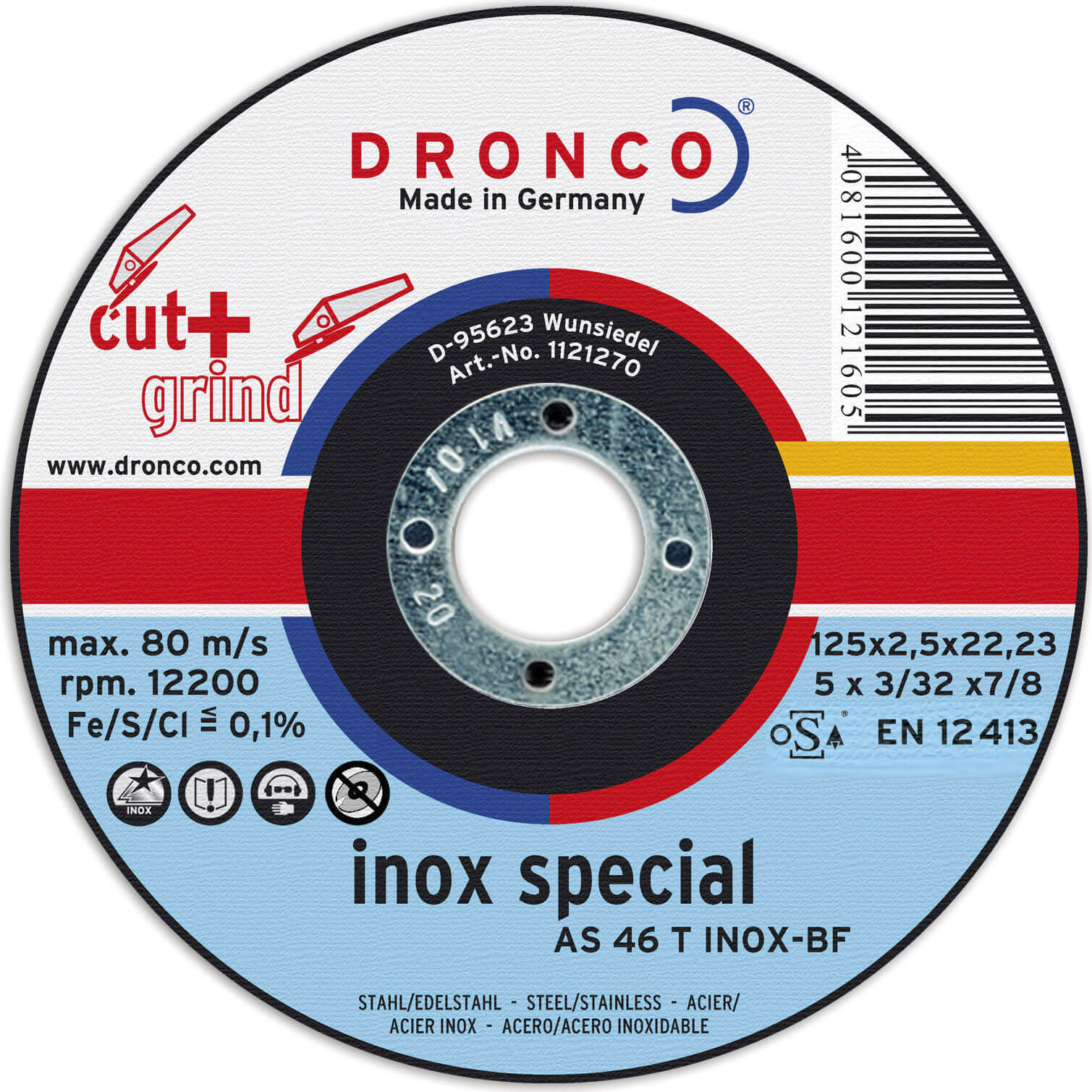 Dronco AS 46 / AS 30 T INOX 125mm x 2.5mm x 22.2mm Bore Angle Grinder Inox Cutting & Grinding Disc f