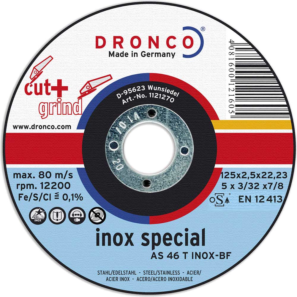 Image of Dronco AS 46 / AS 30 T INOX 125mm x 2.5mm x 22.2mm Bore Angle Grinder Inox Cutting & Grinding Disc for All Steel