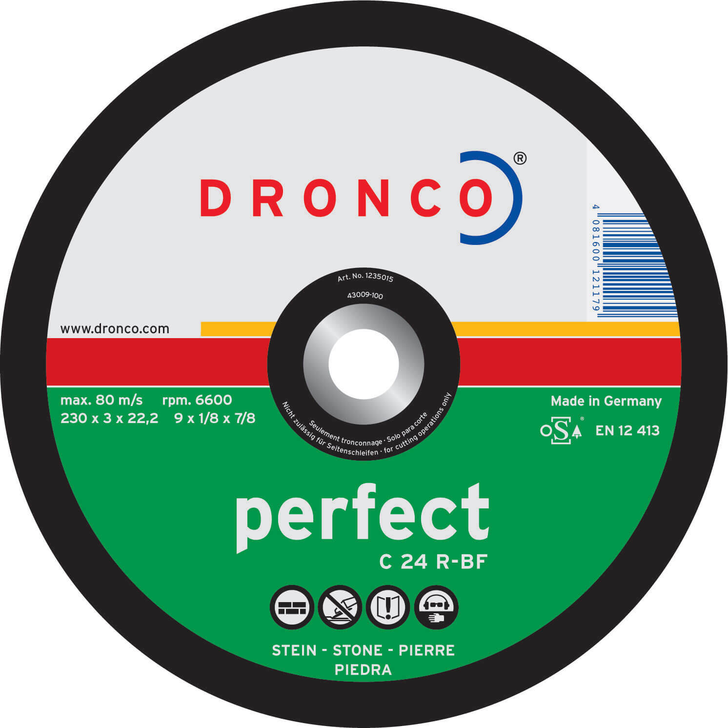 Dronco C 24 R PERFECT 230mm x 3mm x 22.2mm Bore Angle Grinder Flat Cutting Disc for Concrete & Stone