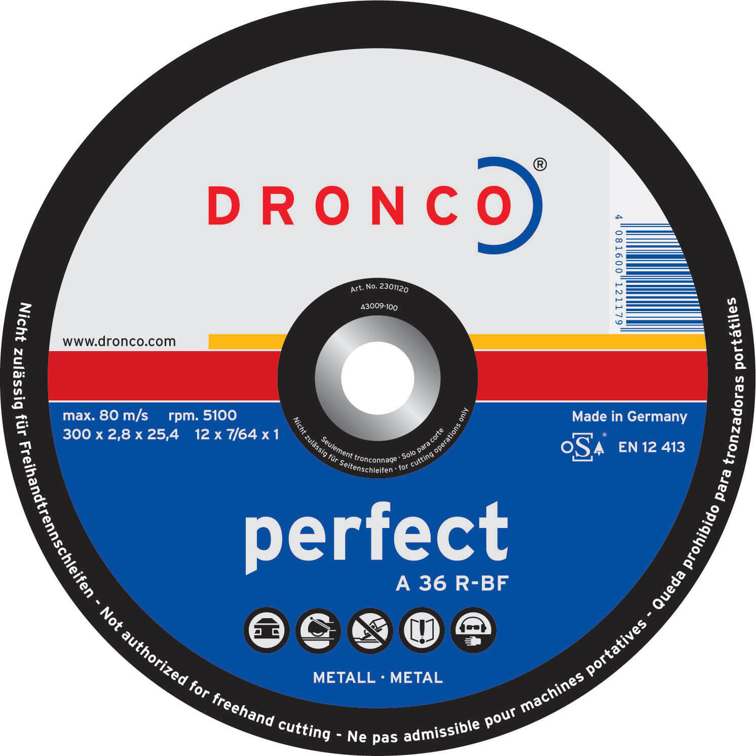 Dronco A 36 R PERFECT 350mm x 3mm x 25.4mm Bore Flat Metal Cutting Disc