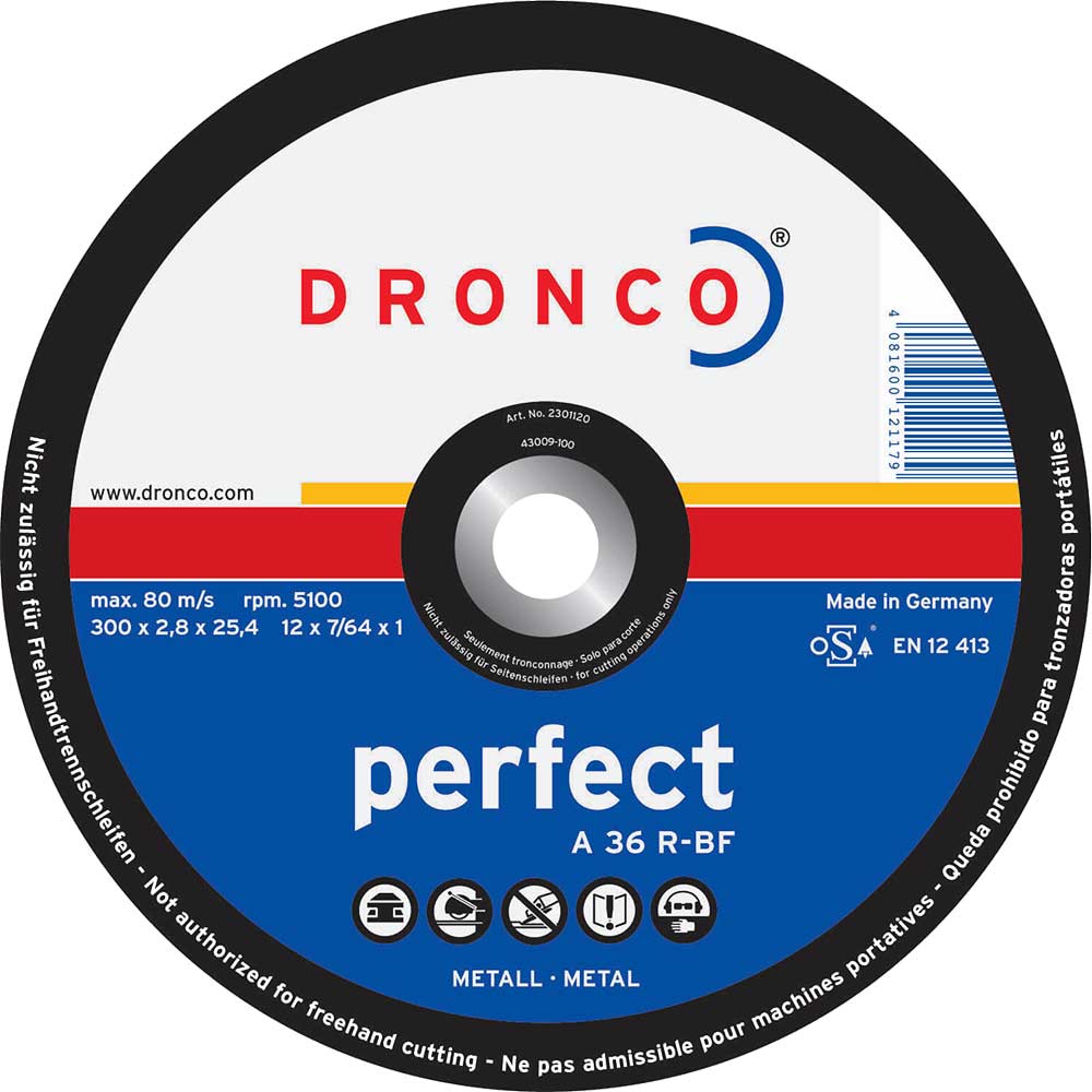 Dronco A 36 R PERFECT 350mm x 3mm x 25.4mm Bore Flat Metal Cutting Disc