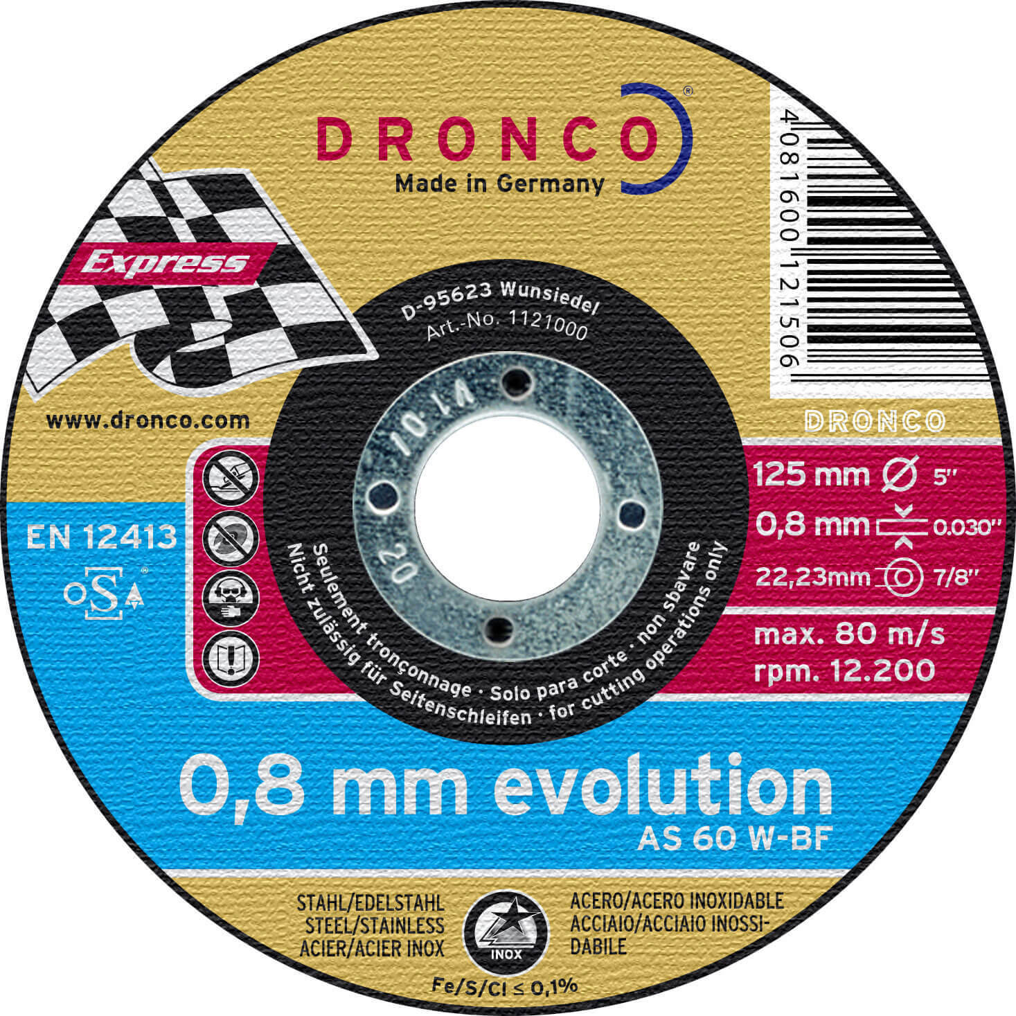Dronco AS 60 W EVOLUTION 115mm x 0.8mm x 22.2mm Bore Angle Grinder Cutting Discs for All Steel & She
