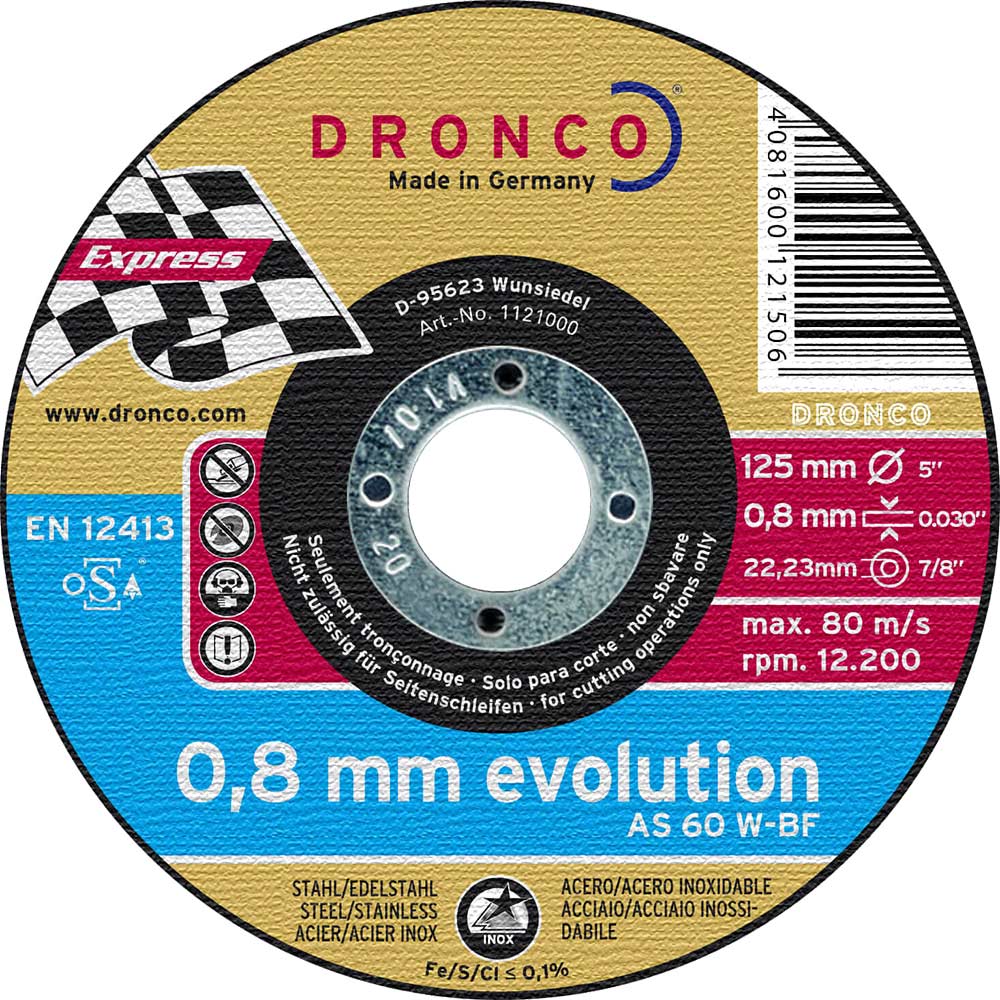 Dronco AS 60 W EVOLUTION 115mm x 0.8mm x 22.2mm Bore Angle Grinder Cutting Discs for All Steel & She