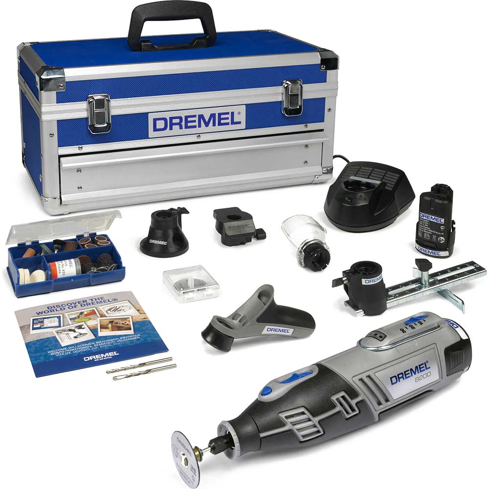 Dremel 8200 10.8v Cordless Multi Tool with 65 Accessories, 5 Attachments, Aluminium Case & 2 Lithium