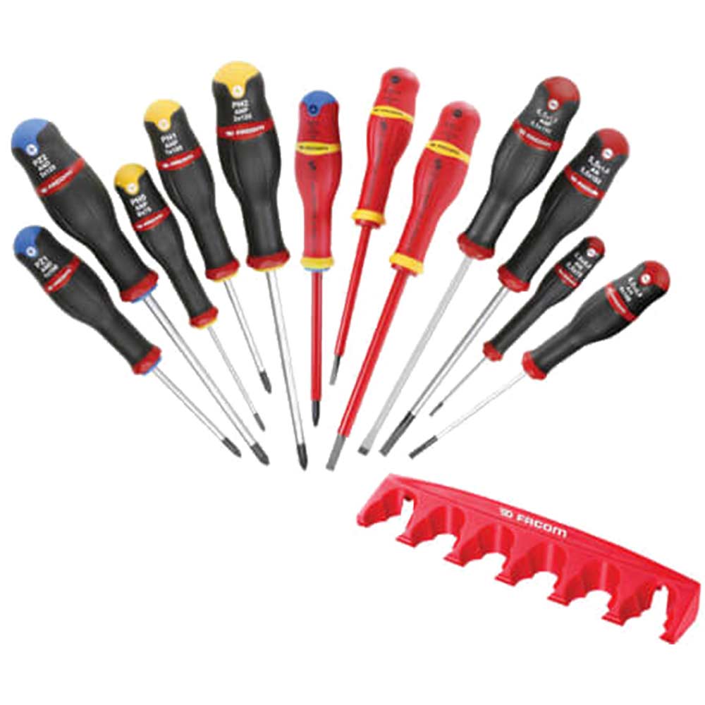 Image of Facom 12 Piece Protwist Standard & Insulated Mixed Screwdriver Set Slotted / Phillips / Pozi + Storage Rack