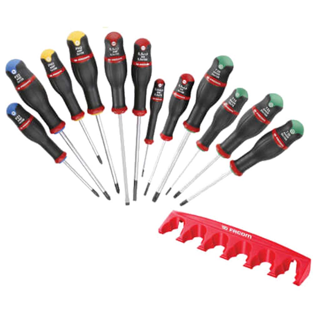 Image of Facom 12 Piece Protwist Mixed Screwdriver Set Slotted / Phillips / Pozi / Security Torx + Storage Rack