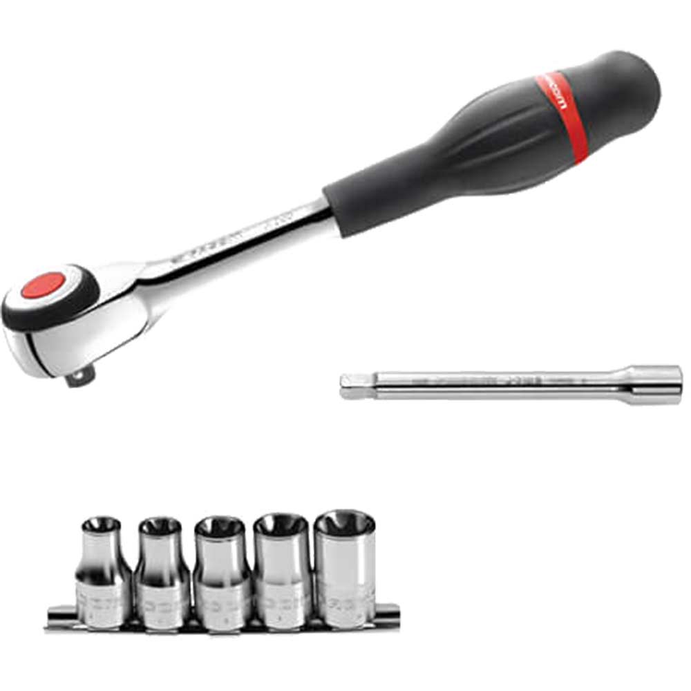 Image of Facom 3/8&quot; Square Drive Twist Action Rotator Ratchet + 7 Piece Metric Socket Set