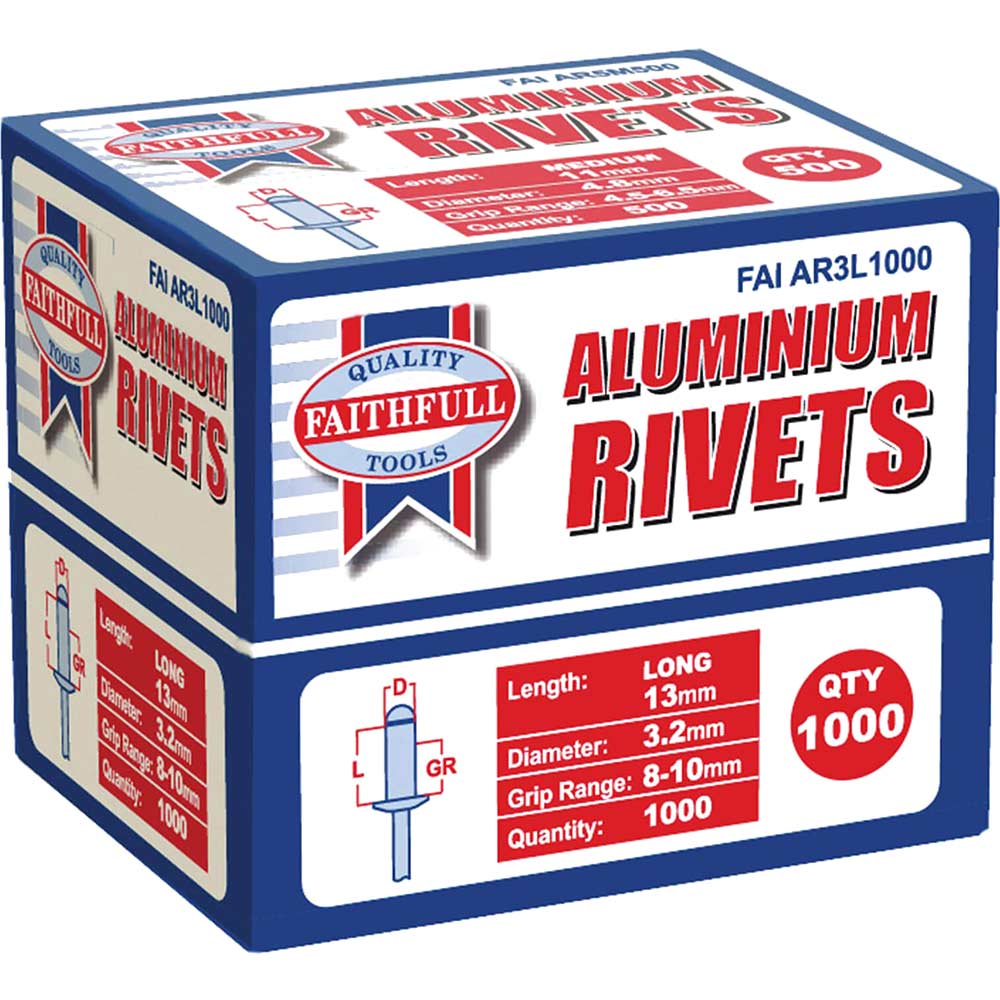 Faithfull Aluminium Pop Rivets 3mm x 12mm Long Pack of 1000