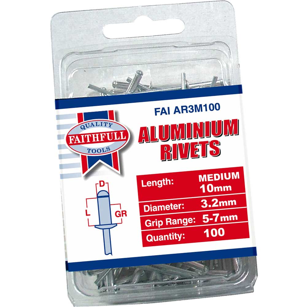 Faithfull Aluminium Pop Rivets 3mm x 10mm Medium Pack of 100