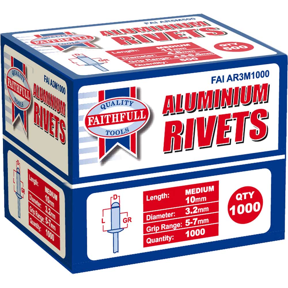 Faithfull Aluminium Pop Rivets 3mm x 10mm Medium Pack of 1000