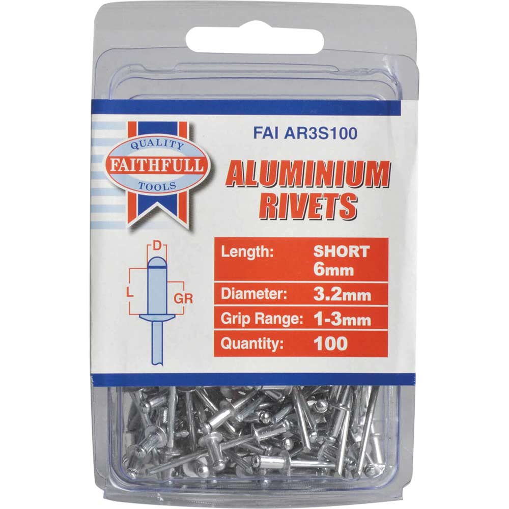 Faithfull Aluminium Pop Rivets 3mm x 6mm Long Pack of 100
