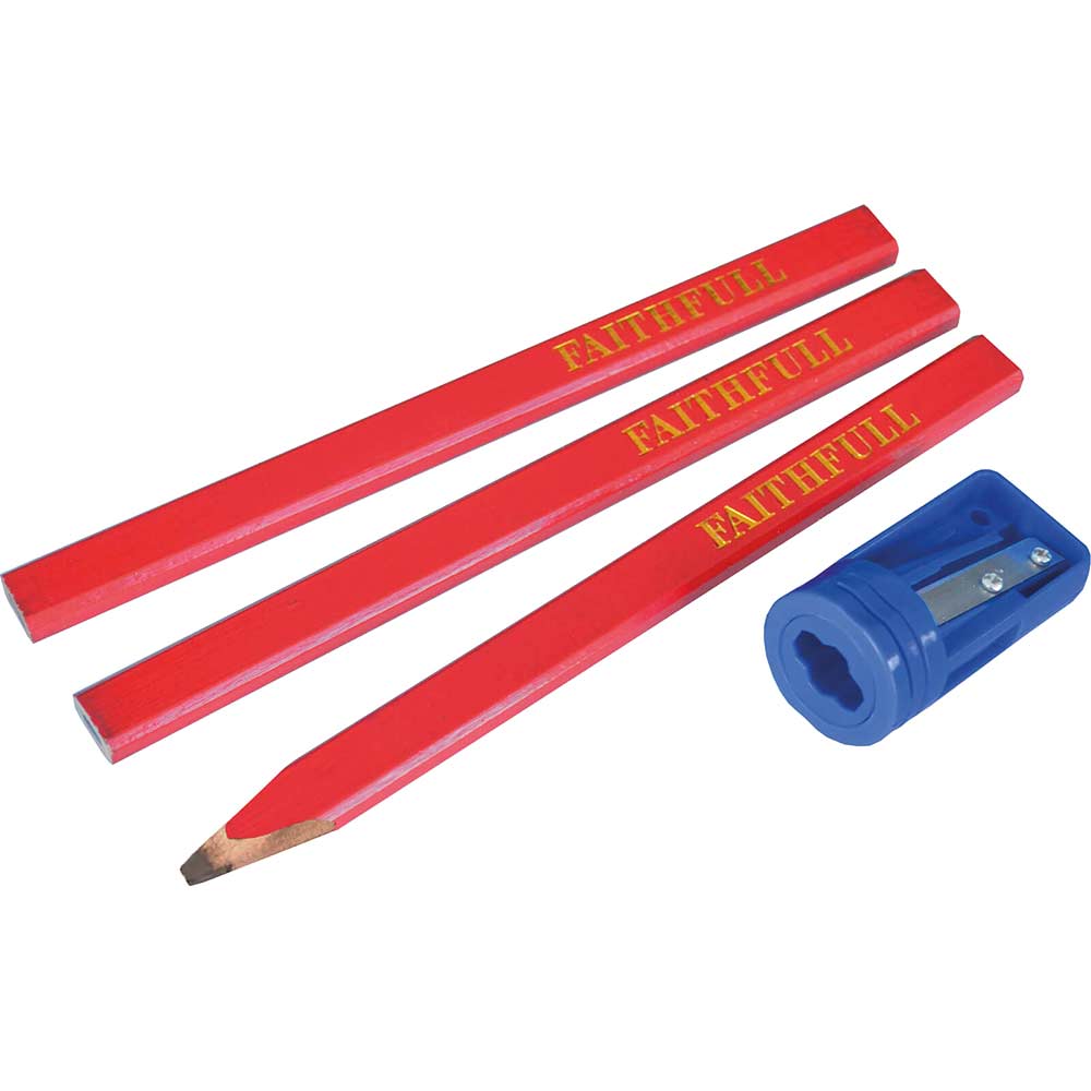 Image of Faithfull Carpenters Pencils Red Pack of 3 including Sharpener