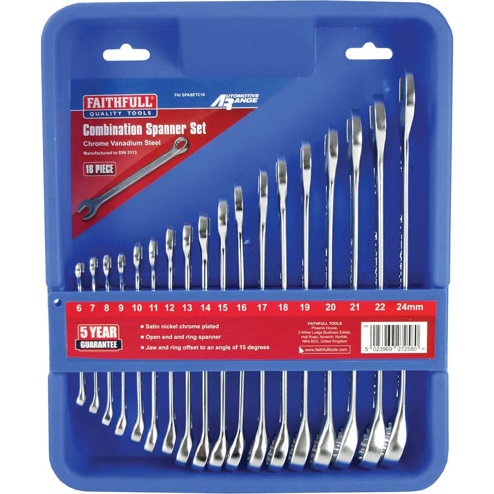 Image of Faithfull 6mm - 25mm Combination Spanner Chrome Vanadium Set 18 Piece