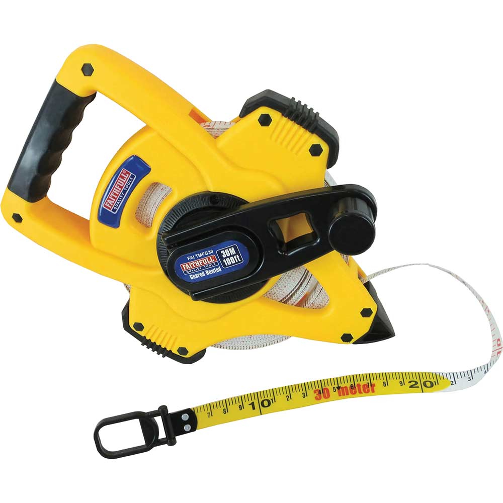 Image of Faithfull 30 Metre / 100 Feet Fibre Glass Geared Tape Measure with Ground Spike