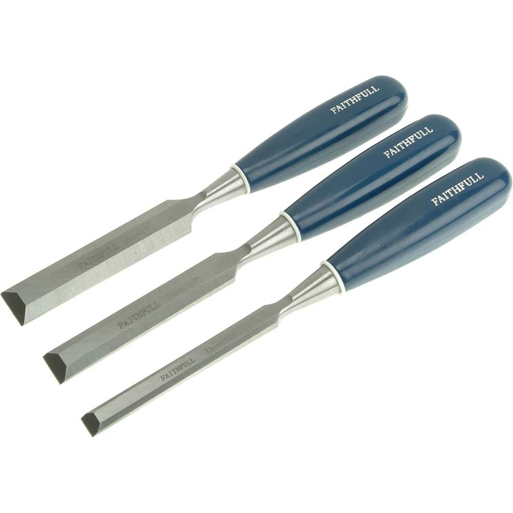 Image of Faithfull 3 Piece Blue Bevel Edge Chisel Set