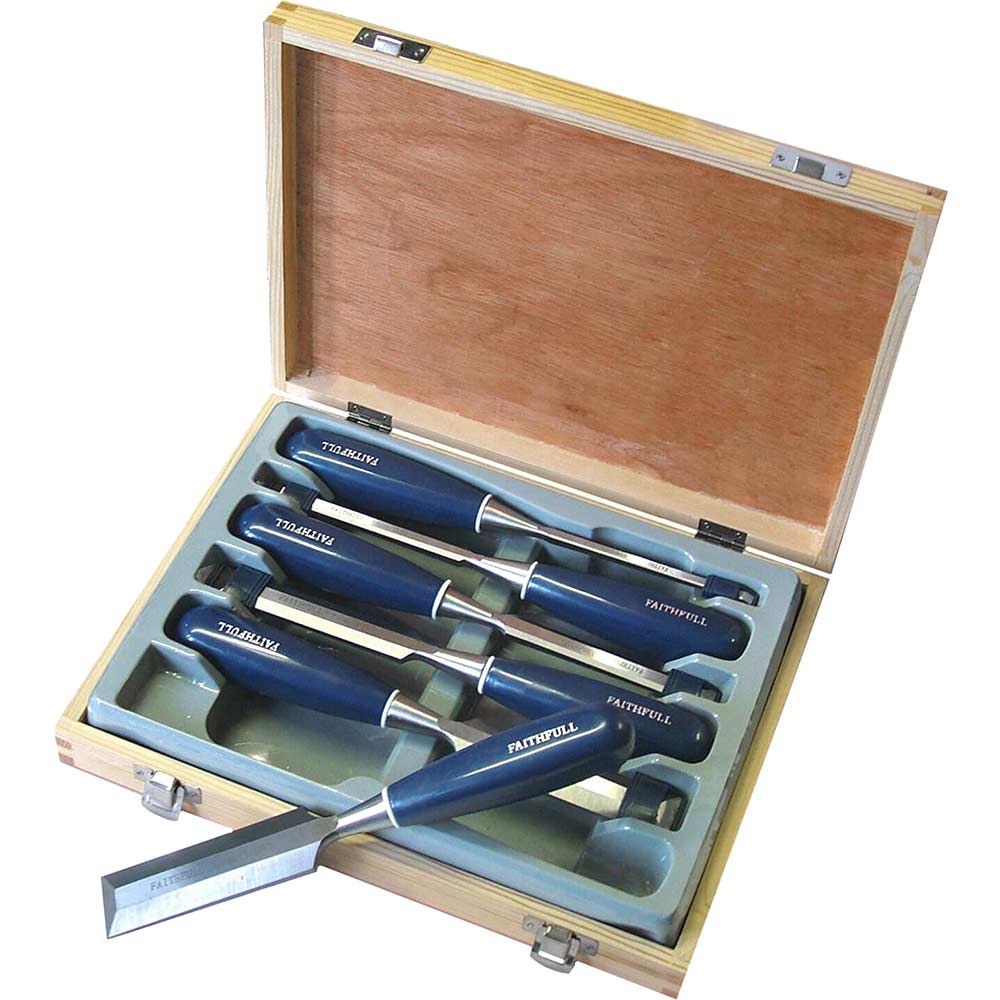 Image of Faithfull 6 Piece Blue Bevel Edge Chisel + Wooden Box