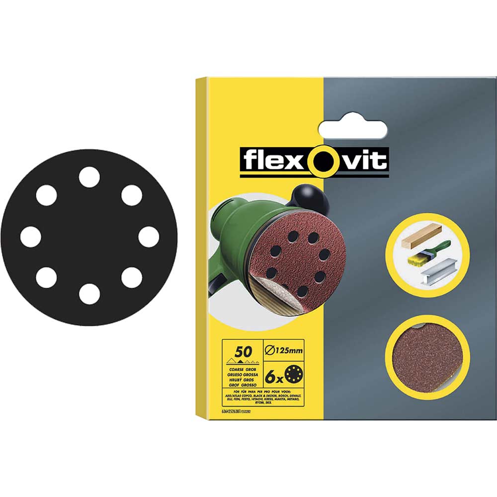 Image of Flexovit Hook & Loop 125mm Sanding Discs Very Fine Pack of 6