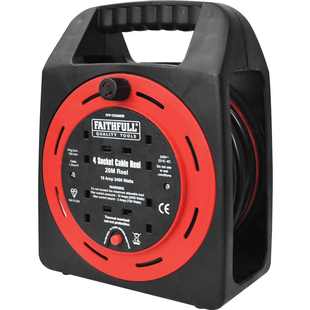 Image of Faithfull 4 Socket 20 Metre Cassette Cable Reel 10amp 240v