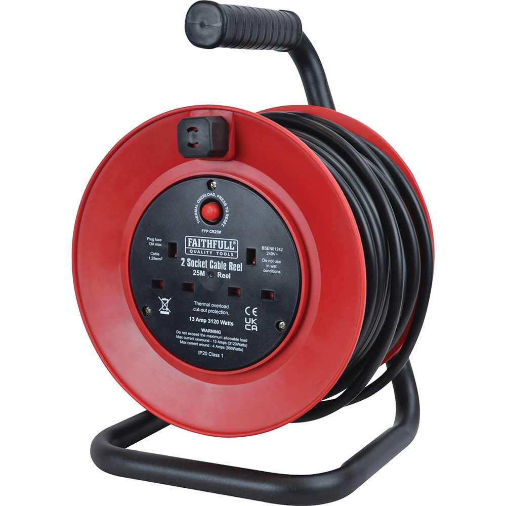 Image of Faithfull 2 Socket 25 Metre Cable Reel 13amp 240v