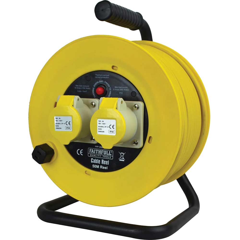 Image of Faithfull 2 Socket 50 Metre Open Frame Cable Reel 16amp 110v