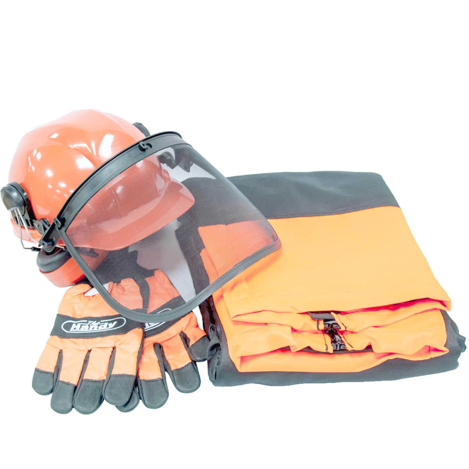 Handy Chain Saw Safety Helmet & Visor with Ear Muffs, Chaps & Gloves